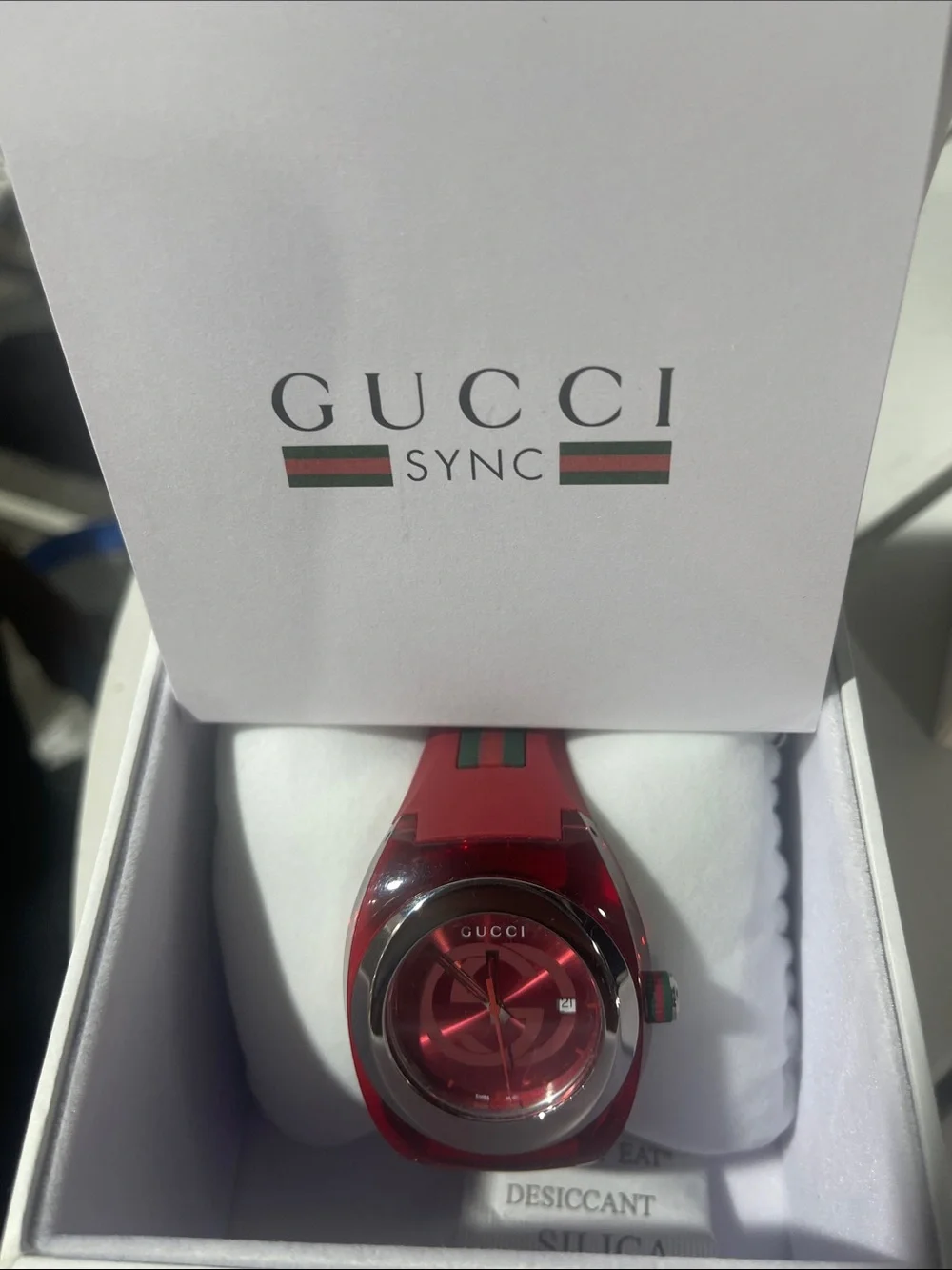 Gucci Red Transparent Silicone Logo Strap Watch with Green-Red Accent